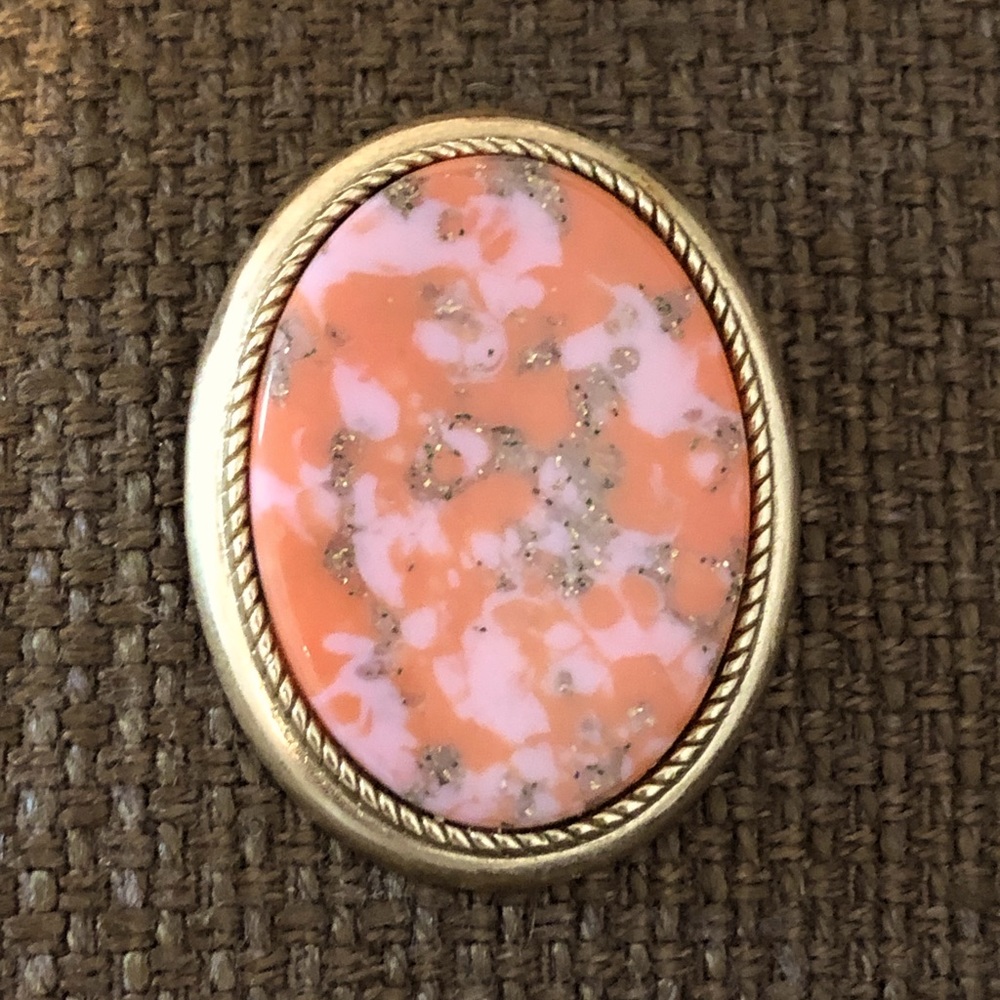 Sarah Coventry Coral Pink and Gold Oval Brooch